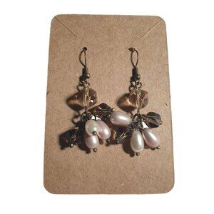 Glass Pearl Cluster Earrings Drop Dangle Style Brown Pink Beaded Vintage Jewelry
